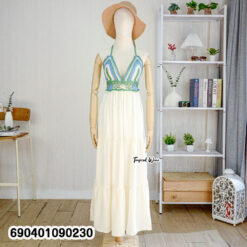 Boho crochet summer dress with tiered skirt and tie-back halter neckline.