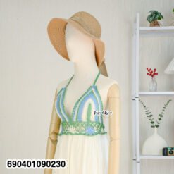 Boho crochet summer dress with tiered skirt and tie-back halter neckline.