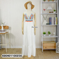 Maxi dress with handmade crochet bralette top and flowing layered skirt.