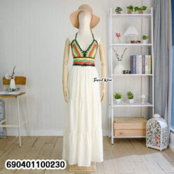 Maxi dress with handmade crochet bralette top and flowing layered skirt.