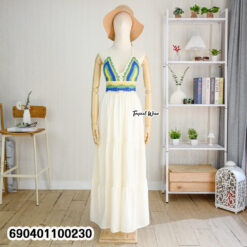 Maxi dress with handmade crochet bralette top and flowing layered skirt.