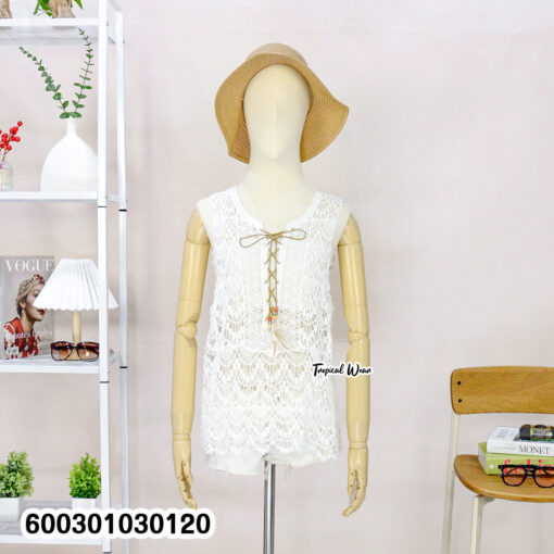 Cotton lace sleeveless top with front tie, white crochet pattern, free size