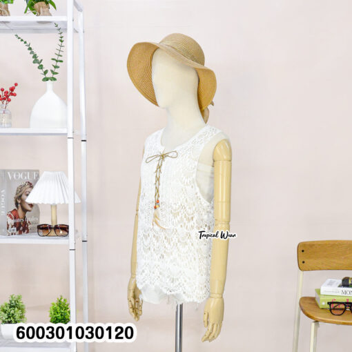 Cotton lace sleeveless top with front tie, white crochet pattern, free size