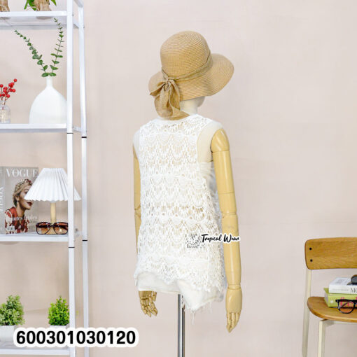 Cotton lace sleeveless top with front tie, white crochet pattern, free size
