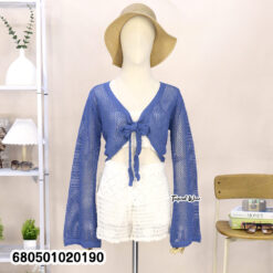 Black long sleeve mesh knit cover-up made of breathable cotton, featuring an open front with tie detail—perfect for layering over beachwear.