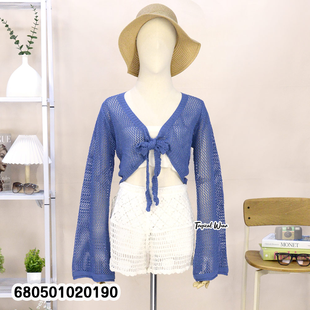 Black long sleeve mesh knit cover-up made of breathable cotton, featuring an open front with tie detail—perfect for layering over beachwear.