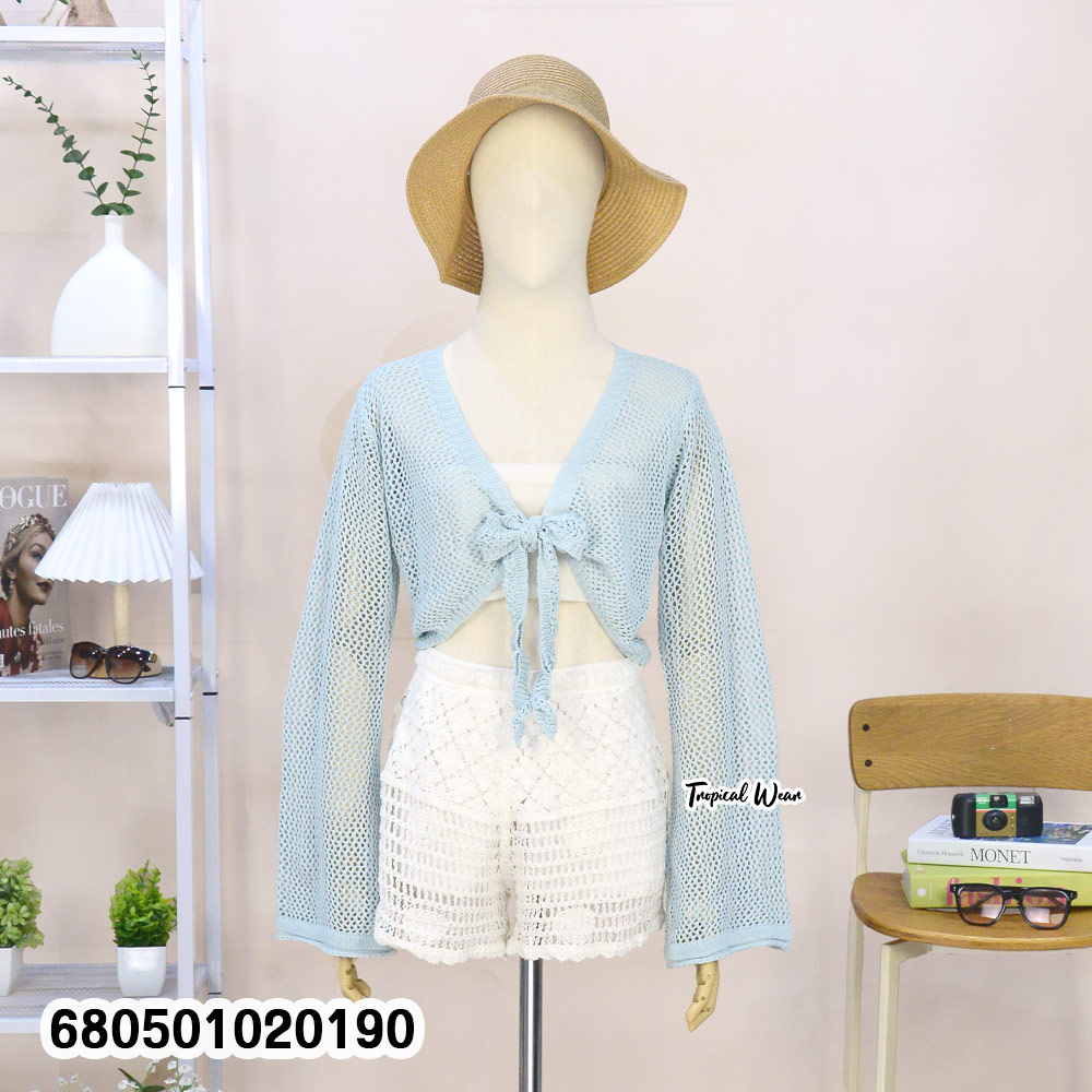 Black long sleeve mesh knit cover-up made of breathable cotton, featuring an open front with tie detail—perfect for layering over beachwear.