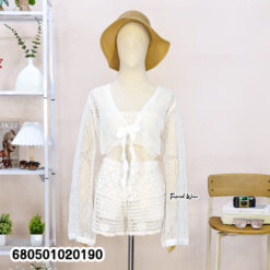 Black long sleeve mesh knit cover-up made of breathable cotton, featuring an open front with tie detail—perfect for layering over beachwear.