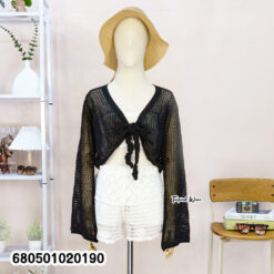 Black long sleeve mesh knit cover-up made of breathable cotton, featuring an open front with tie detail—perfect for layering over beachwear.