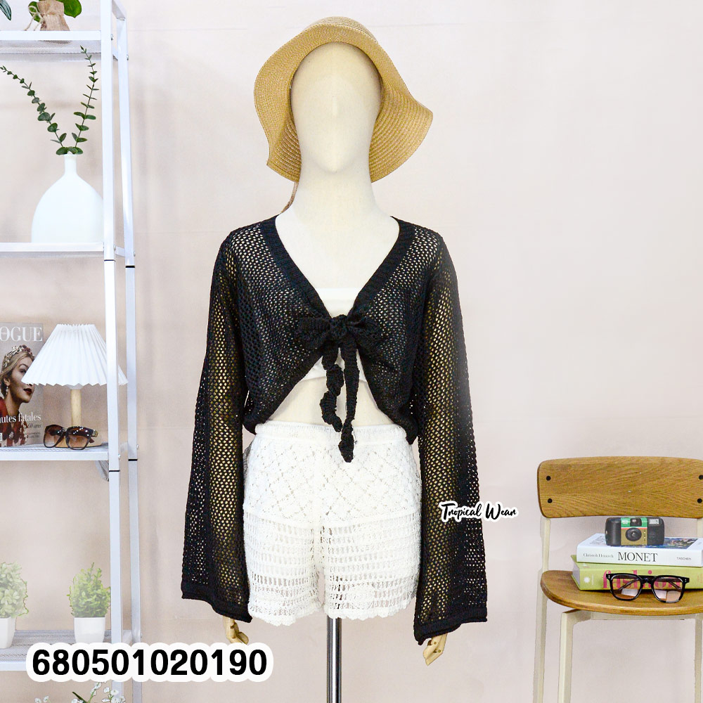 Black long sleeve mesh knit cover-up made of breathable cotton, featuring an open front with tie detail—perfect for layering over beachwear.