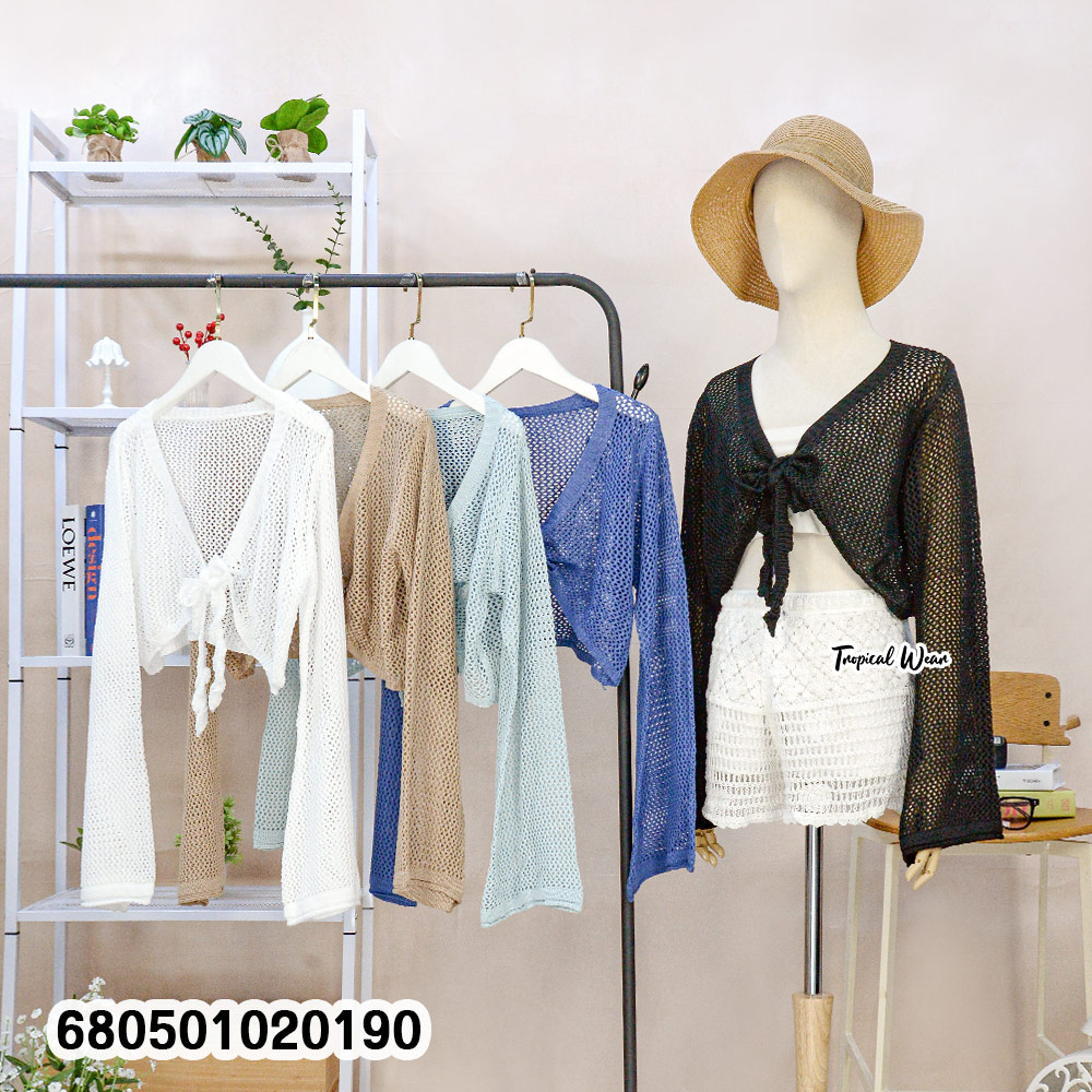 Black long sleeve mesh knit cover-up made of breathable cotton, featuring an open front with tie detail—perfect for layering over beachwear.