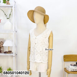 Sleeveless boho cotton vest with square crochet pattern on mannequin, front and back view