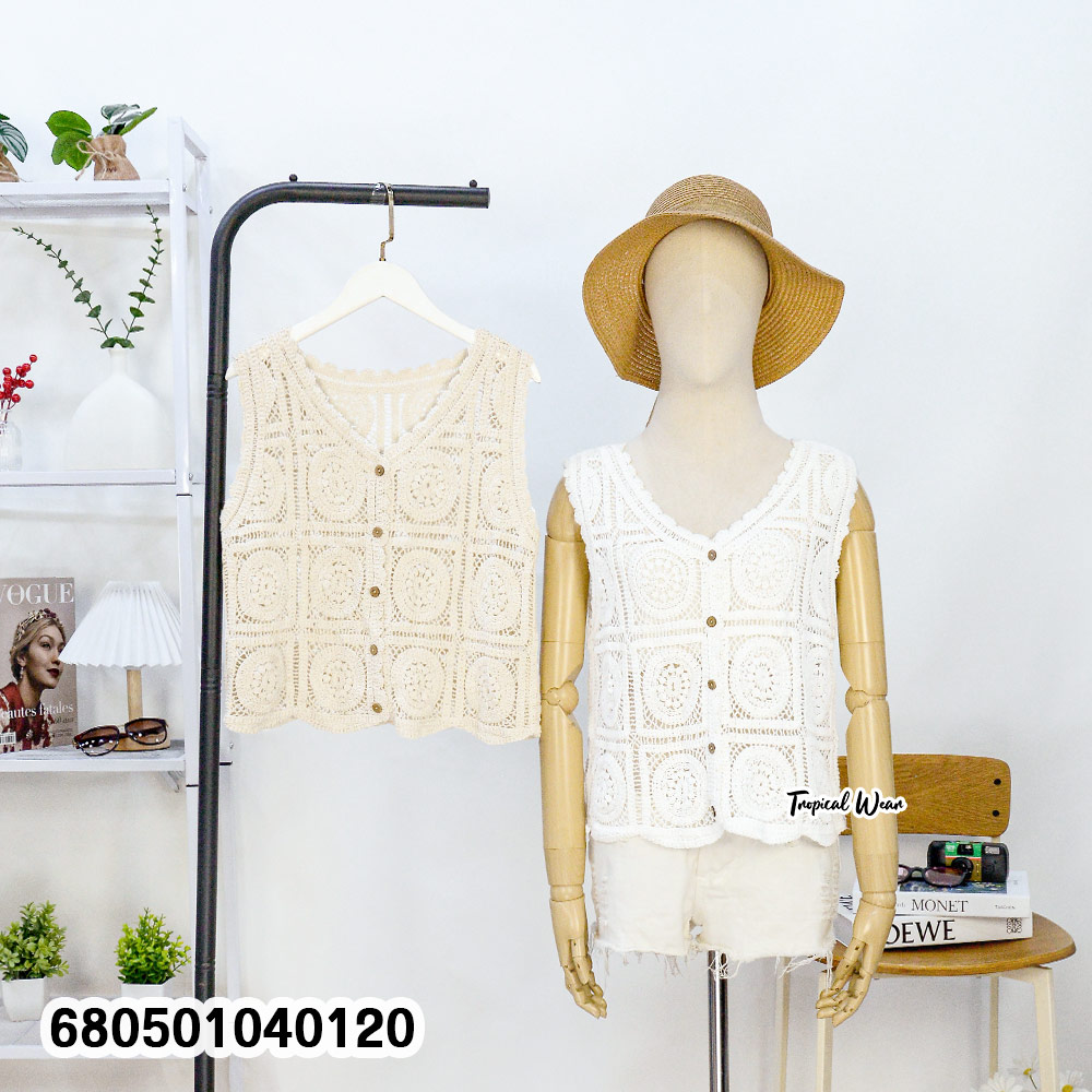 Sleeveless boho cotton vest with square crochet pattern on mannequin, front and back view