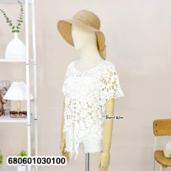 Boho cotton lace top with short sleeves in white free-size