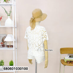 Boho cotton lace top with short sleeves in white free-size