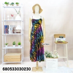 Cotton maxi dress in colorful tie dye, perfect for hot-weather styling.