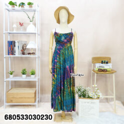 Cotton maxi dress in colorful tie dye, perfect for hot-weather styling.