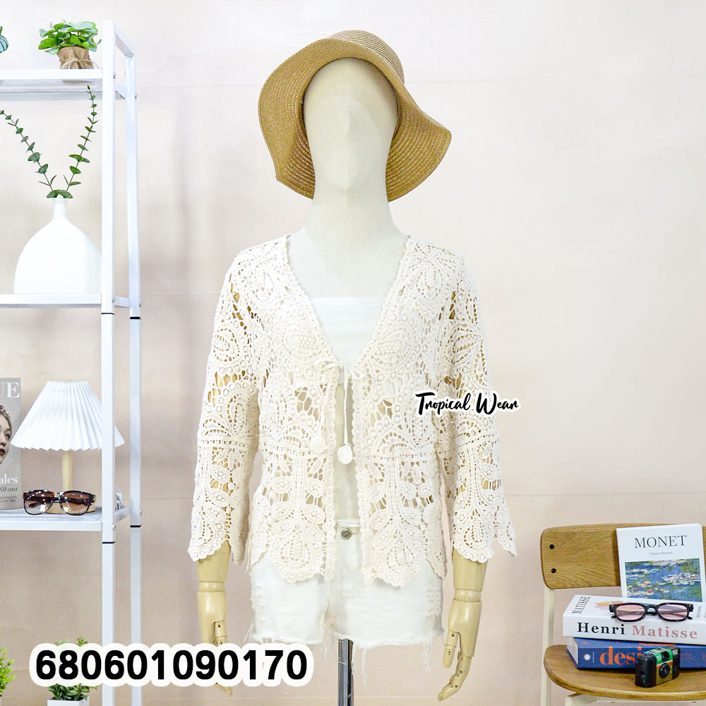 A free size cotton lace cardigan styled for summer wear, seen on a mannequin.