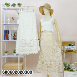 Bohemian lace cotton skirt with floral crochet detailing in natural cream