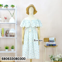 Free size printed cotton summer dress with embroidery and ruffled sleeves on mannequin