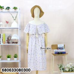 Free size printed cotton summer dress with embroidery and ruffled sleeves on mannequin