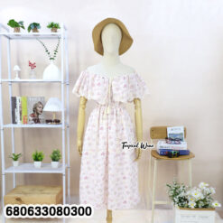 Free size printed cotton summer dress with embroidery and ruffled sleeves on mannequin