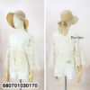 Front and back of a cotton boho lace crochet cardigan on mannequin with hat, free size.