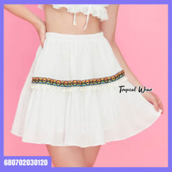 Free-size cotton mini skirt with colorful boho trim, designed for comfortable everyday wear.