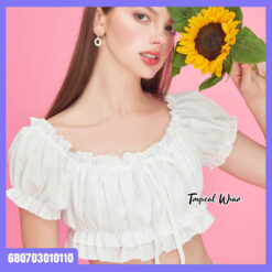 Off shoulder white cotton crop top with puff sleeves and ruffle hem – flatlay display