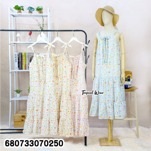 Pastel floral cotton summer dress with tie front and tiered ruffle hem in free size