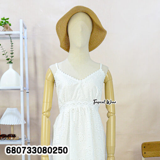 White cotton embroidered midi dress – free size boho summer outfit.