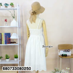 White cotton embroidered midi dress – free size boho summer outfit.