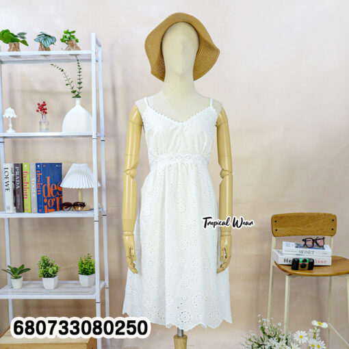 White cotton embroidered midi dress – free size boho summer outfit.