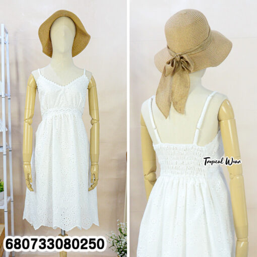 White cotton embroidered midi dress – free size boho summer outfit.