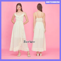 Ruffle neck cotton maxi dress – sleeveless free-size design for summer fashion.