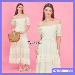 ชุดเดรสยาวแขนตุ๊กตา กระโปรงแต่งระบาย - 671033010300