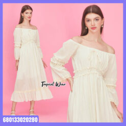 Boho cotton maxi dress with lace flare sleeves and tiered hem
