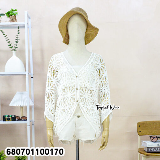 Free-size cotton crochet lace cardigan top for women in beige and white