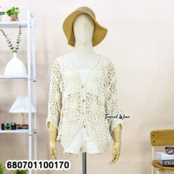 Free-size cotton crochet lace cardigan top for women in beige and white