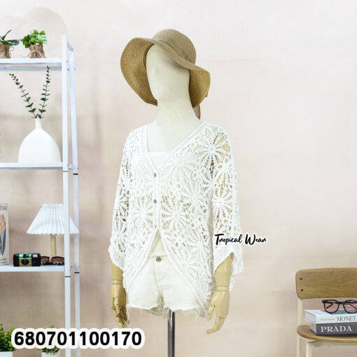 Free-size cotton crochet lace cardigan top for women in beige and white