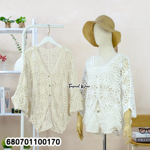 Free-size cotton crochet lace cardigan top for women in beige and white