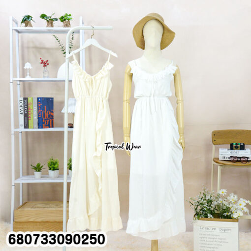 Ruffle neck cotton maxi dress – sleeveless free-size design for summer fashion.