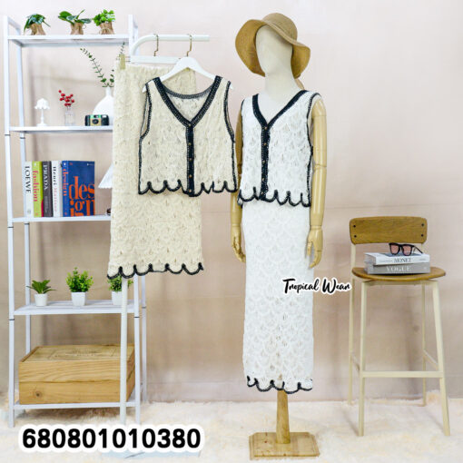 Chic cotton crochet co-ord outfit in cream and white shades