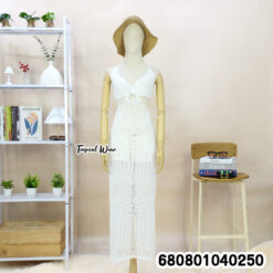 Boho knitted cut-out cotton dress in free size with halter tie-back design.
