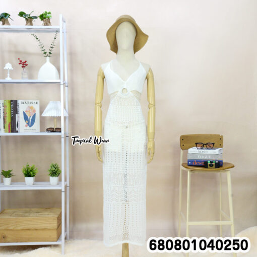 Boho knitted cut-out cotton dress in free size with halter tie-back design.