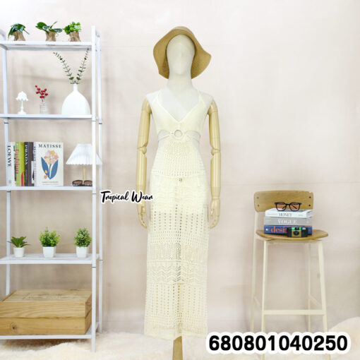 Boho knitted cut-out cotton dress in free size with halter tie-back design.
