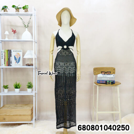 Boho knitted cut-out cotton dress in free size with halter tie-back design.