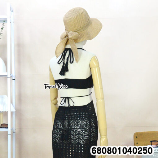 Boho knitted cut-out cotton dress in free size with halter tie-back design.