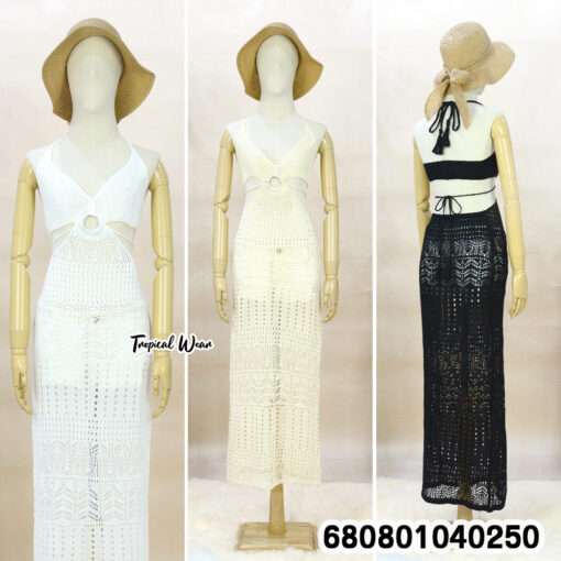 Boho knitted cut-out cotton dress in free size with halter tie-back design.