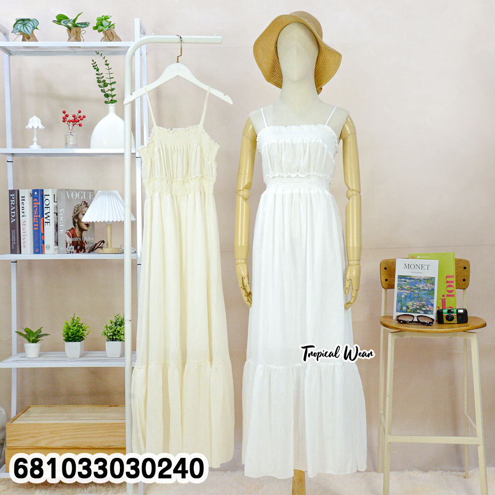 White cotton summer maxi dress for tropical and resort fashion
